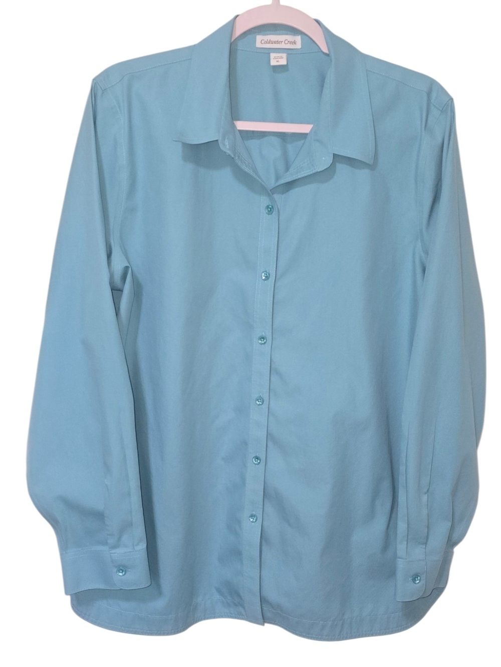 Coldwater Creek No Iron Aqua Blue Button Down Shirt XL Office Workwear Classic